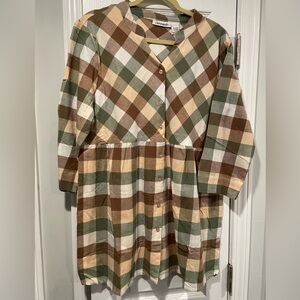 NWOT Serengeti Size L Long Sleeve Sage Pink Check Flannel Button Up Mini Dress